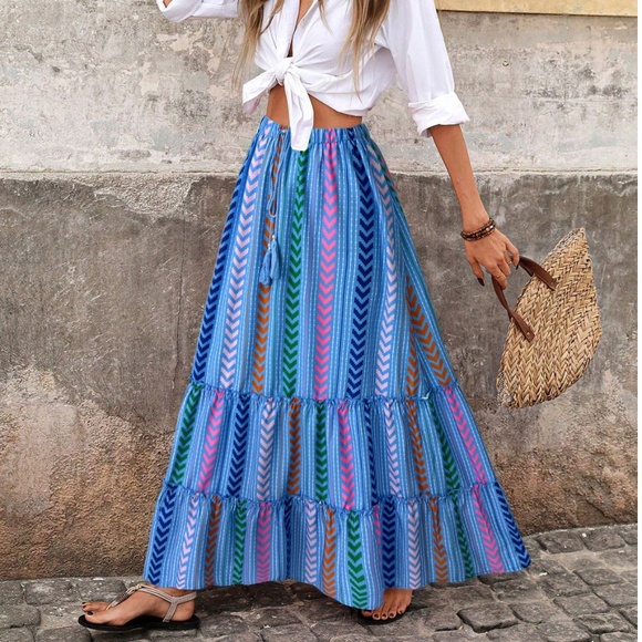 Blue Bohemian Chevron Print Ruffle Detail Maxi Skirt Tassel Ties High Waist - Picture 1 of 7